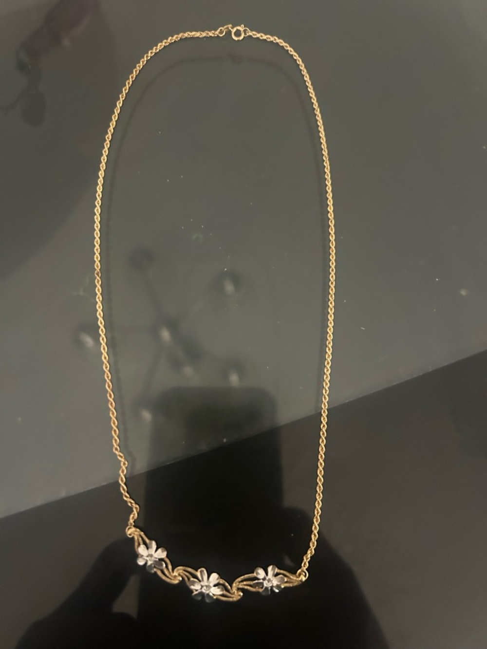 Vintage 10k Yellow Gold Flower Necklace Twister Rope chain Silver Accent 2.7g